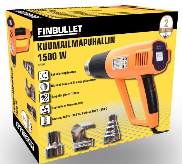 Finbullet Kuumailmapistooli 1500 W LCD s&auml;&auml;dett&auml;v&auml;