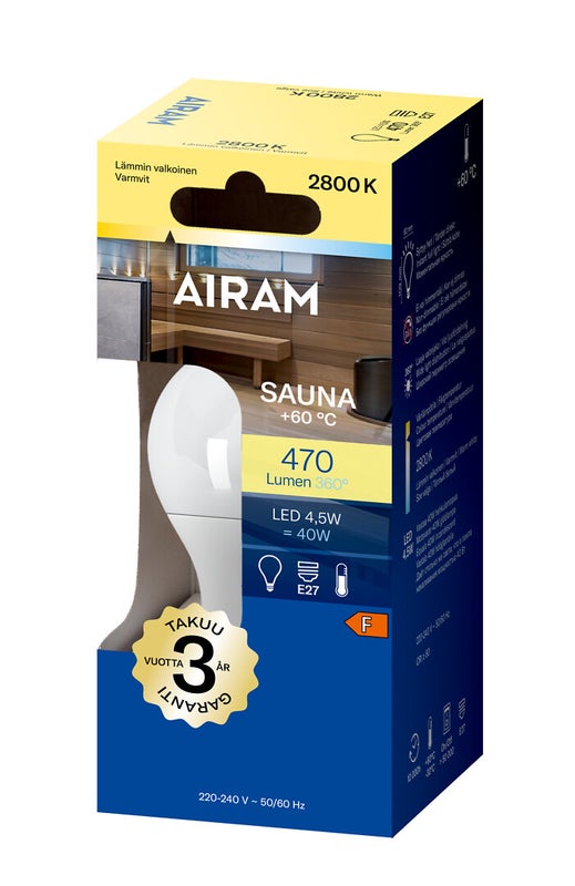 Airam led-saunalamppu vakiokupu E27 2800K 470lm