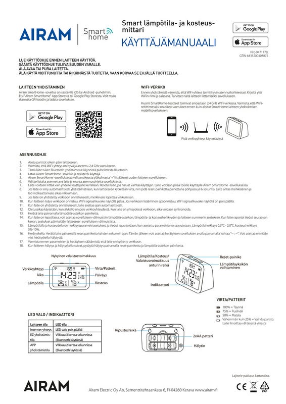 Airam SmartHome L&auml;mp&ouml;- ja kosteusmittari